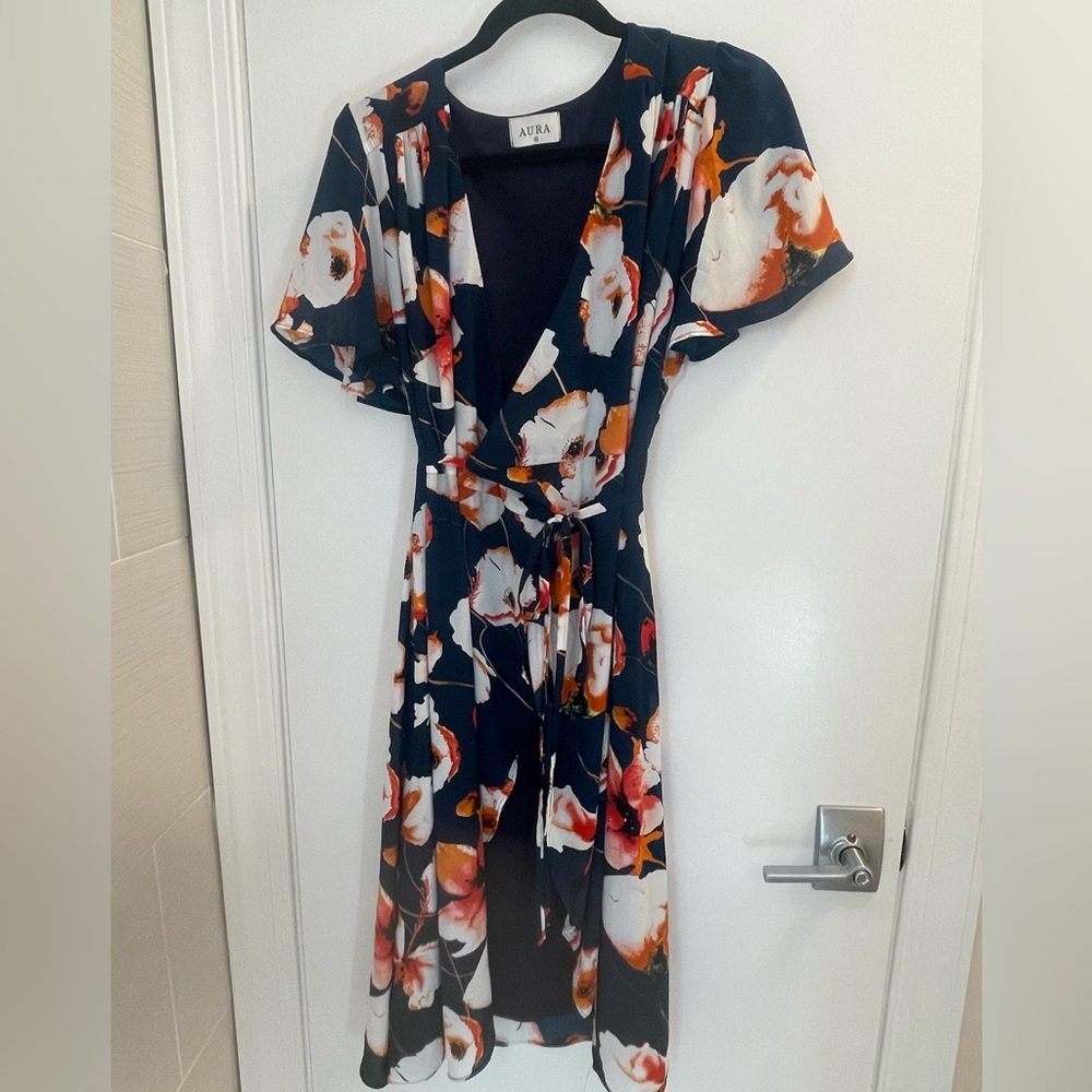 Aura Floral Wrap Dress in Navy and Orange